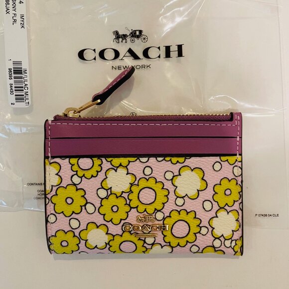 Coach Mini Skinny Id Case, wallet,key chain- Lilly Purple Pink yellow Floral - Picture 7 of 7